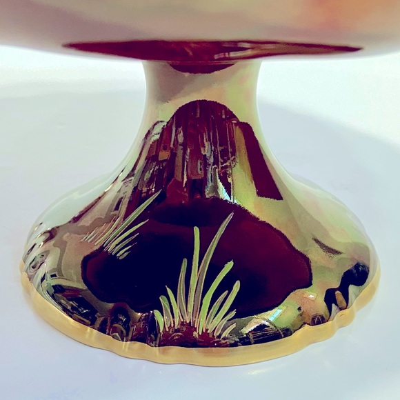 Carlton Ware Rouge Royale Hand Painted Crane/Willow Tree Scene Red Pedestal Dish - Picture 8 of 13